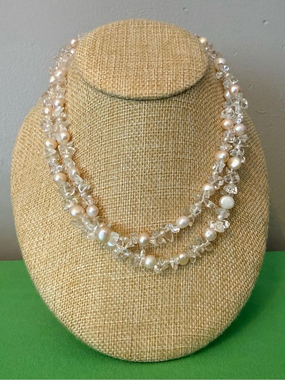 Vintage Multi-Strand Real Pink Pearl and Clear Crystal Jadeite Necklace